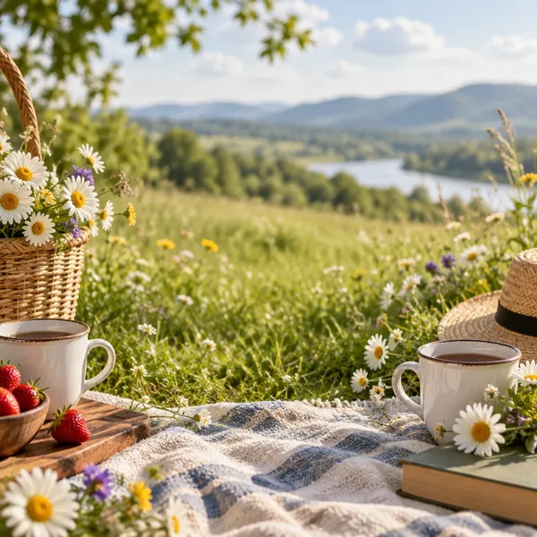 Две чаши, кошница с маргаритки и одеяло на зелена поляна