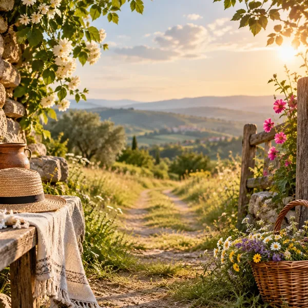 Сламена шапка край цветна пътека с гледка към зелени хълмове