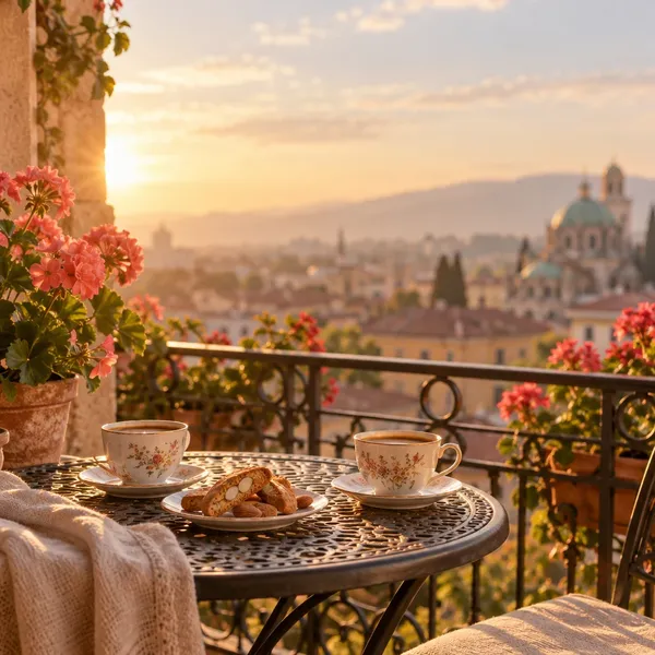 Две чаши кафе и бисквити на балконска маса сред мушката на утринно слънце