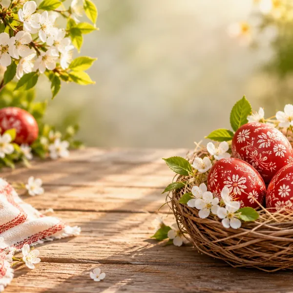 Кошница с червени шарени яйца сред пролетни клонки и цветя